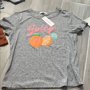 Juicy Couture Gray Tee with Orange and Pink Design